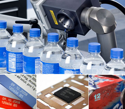 Close-up image showing the process of laser marking on plastic water bottles, highlighting the precision and clarity of the markings. Additional images include a laser-marked electronic chip and a packaged product, demonstrating the versatility of laser marking technology.